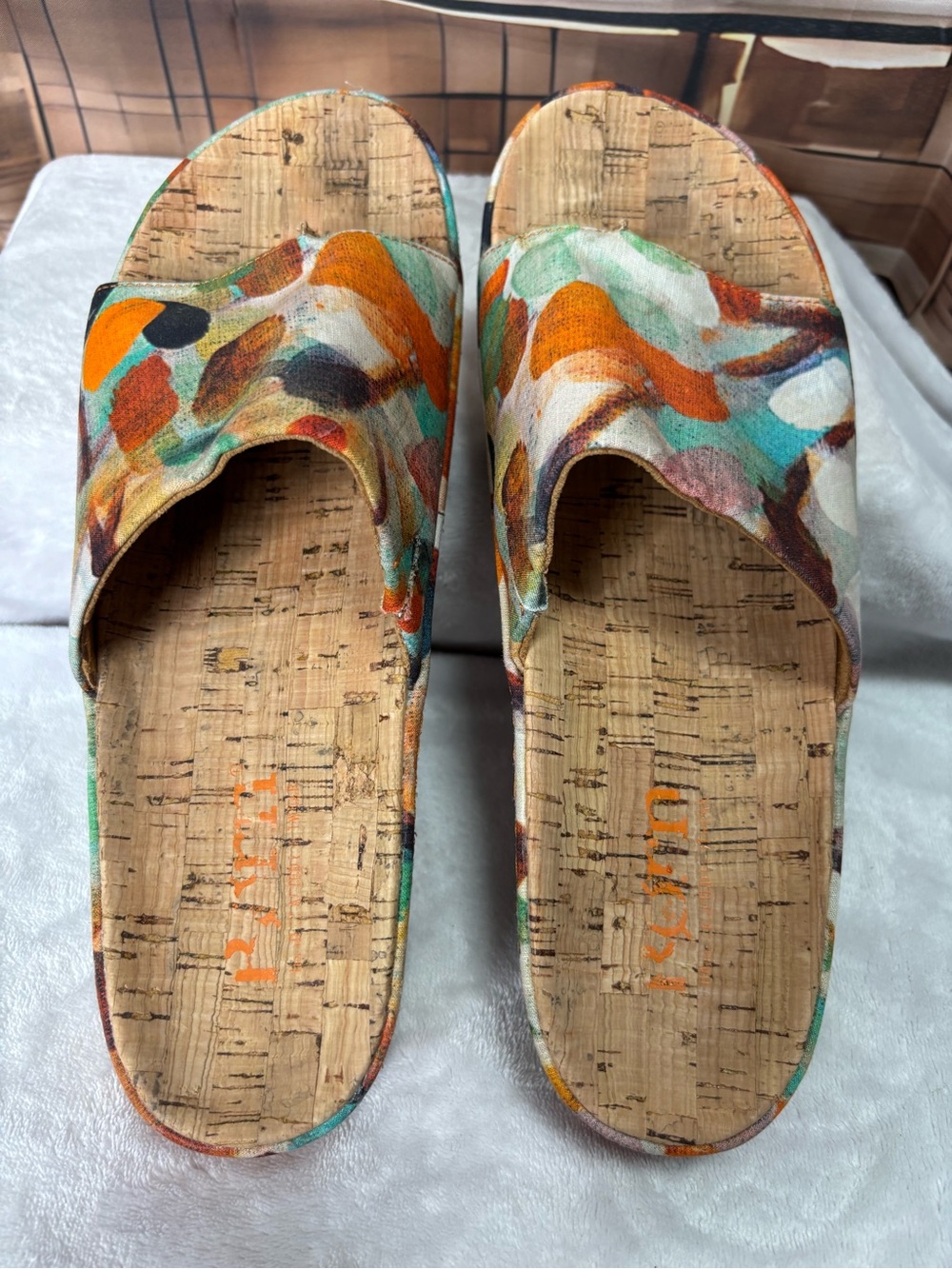 Born Sharr Multicolor Fabric Platform Slide Sandals Cork Wedge Women's Size 10 - Picture 10 of 16
